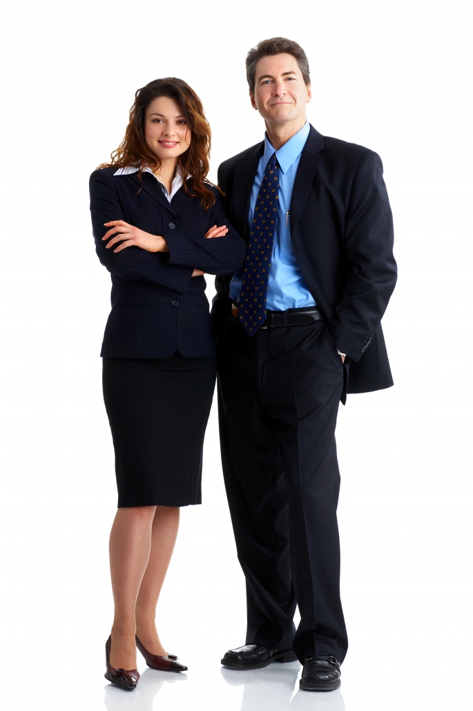 Young smiling business woman and business man.
